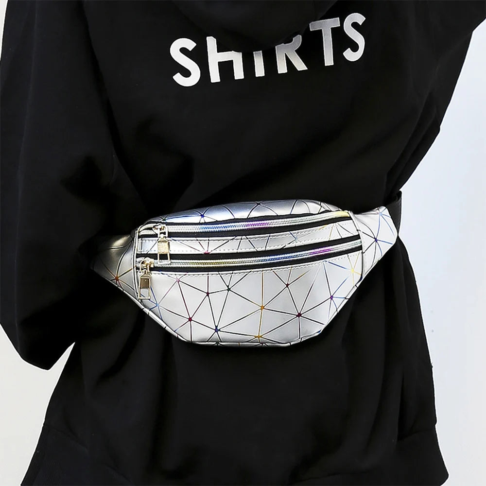 Pink Silver Holographic Waist Bag Geometric Female Belt Bag
