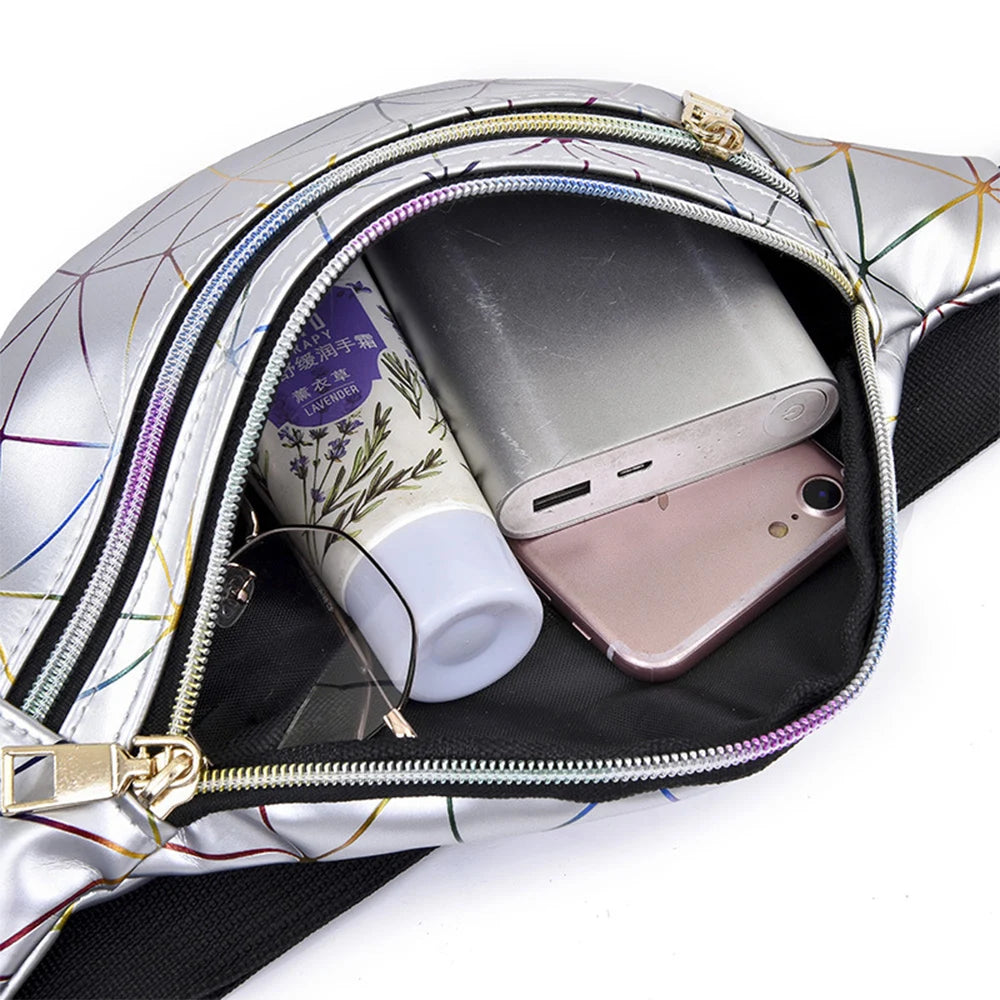 Pink Silver Holographic Waist Bag Geometric Female Belt Bag