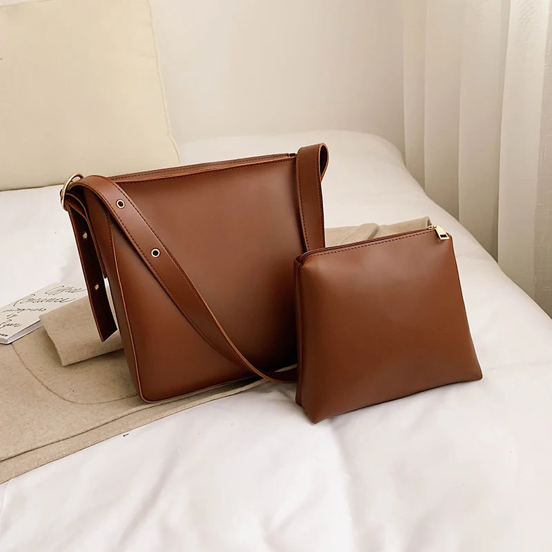 Hot PU Leather Women's Bucket Bag Large Capacity Retro Crossbody Bag