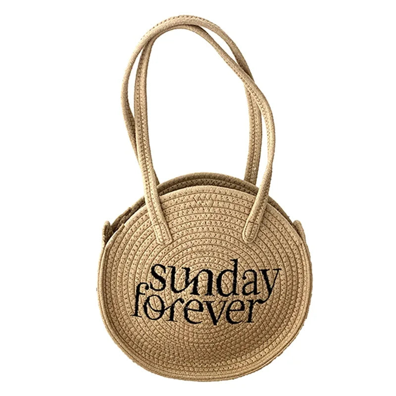 Round Straw Bag Bohemian Embroider Shoulder Beach Vacation Tote Handbag
