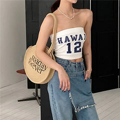 Round Straw Bag Bohemian Embroider Shoulder Beach Vacation Tote Handbag