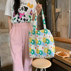 Flower Print Shoulder Bags Big Capacity Ladies Shopping Bags Canvas Handbags
