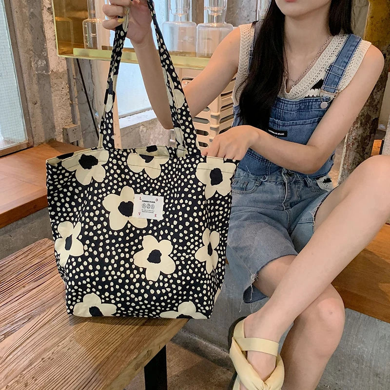 Flower Print Shoulder Bags Big Capacity Ladies Shopping Bags Canvas Handbags