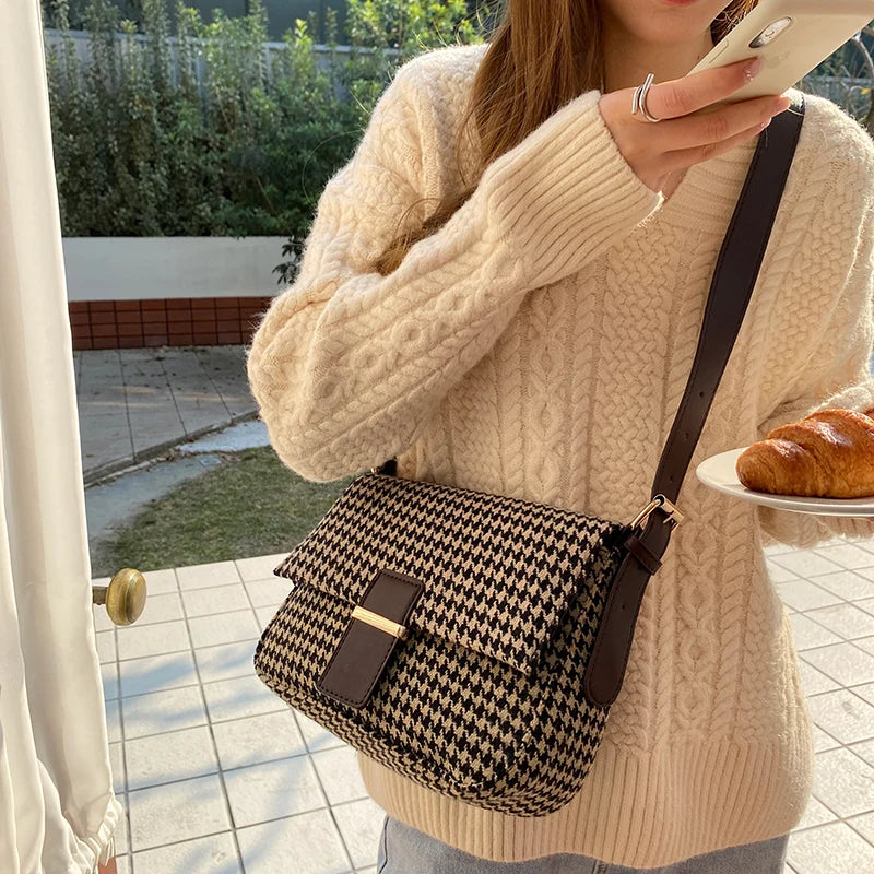 Houndstooth Flap Shoulder Crossbody Bag Small Handbag Office Lady Casual