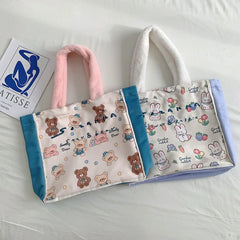 Cartoon Print Plush Hand Strap Shoulder Bag Canvas Tote Shopping Bags