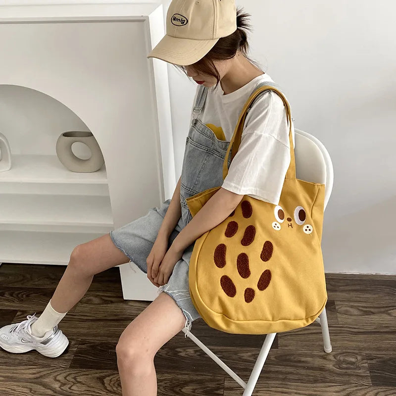 Peanut Cartoon Canvas Shoulder Bag Tote Handbag Women's Drawstring
