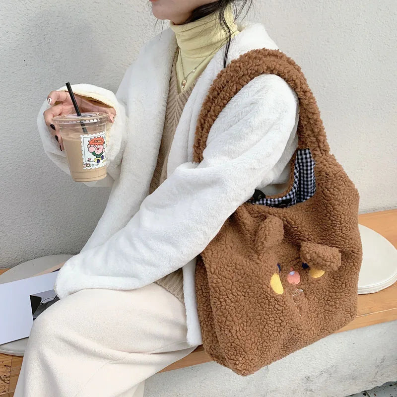 Plush Vest Bag Bear Ear Girl Shoulder Bags Lamb Hair Handbag