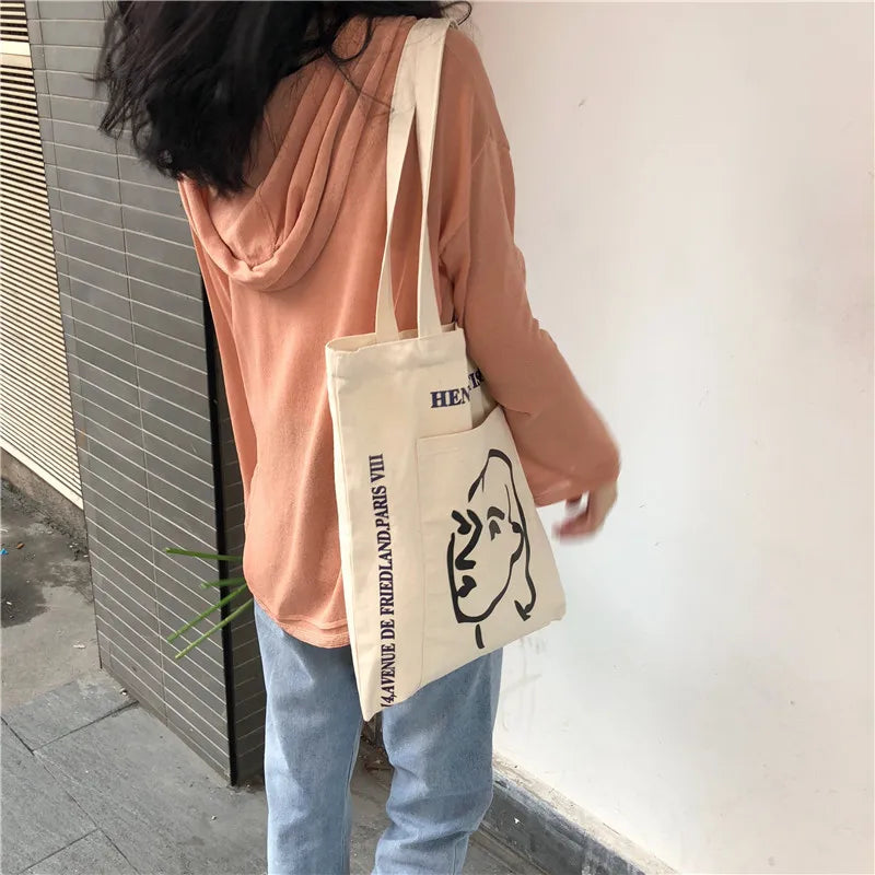 Canvas Tote Handbag for Women with Outer Pocket