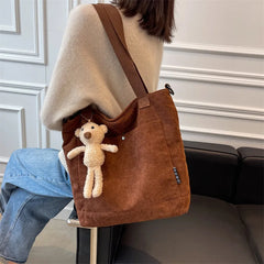 Women Corduroy Shoulder Bag Solid Casual Shopping Tote Zipper Handbag