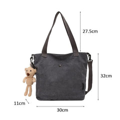 Women Corduroy Shoulder Bag Solid Casual Shopping Tote Zipper Handbag