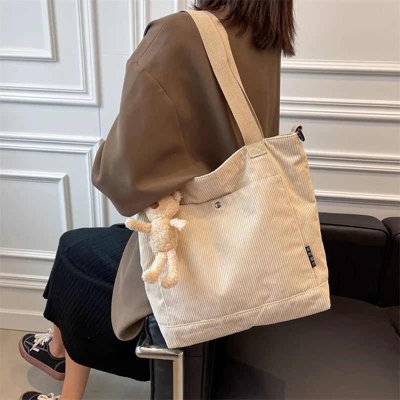 Women Corduroy Shoulder Bag Solid Casual Shopping Tote Zipper Handbag