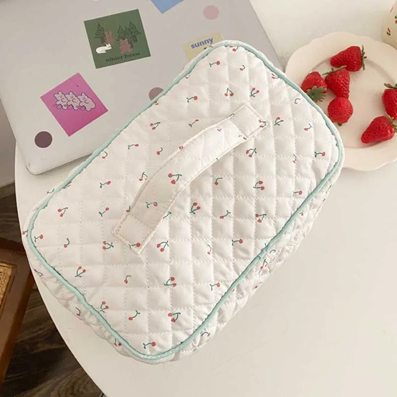 Quilted Cotton Makeup Bag Floral Cosmetic Pouch Portable Travel Beauty Case