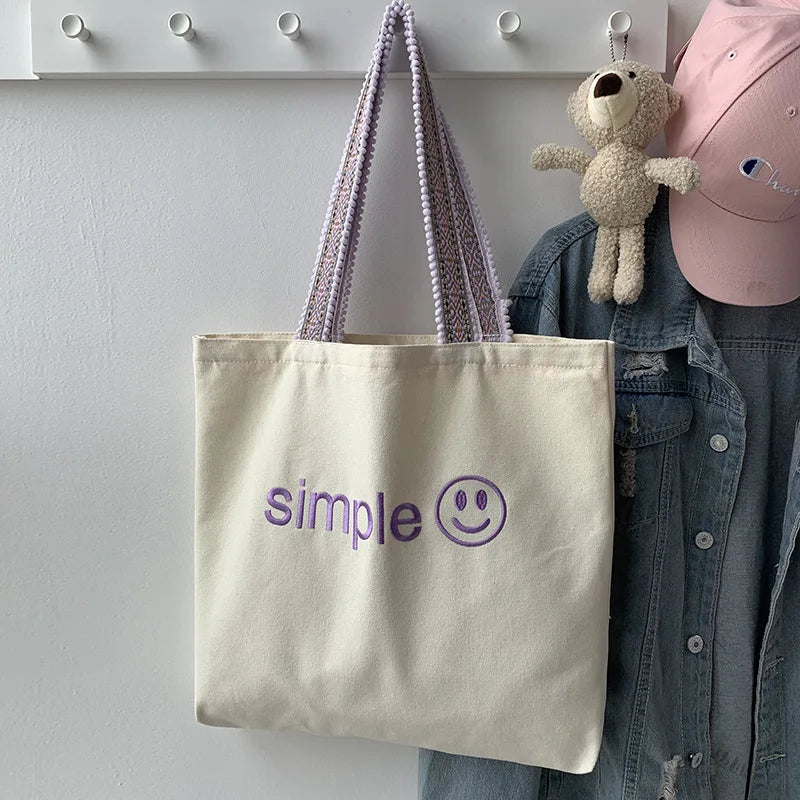 Letter Print Canvas Shoulder Shopping Bag for Women