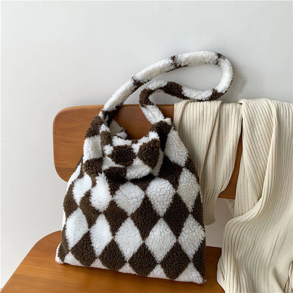 INS Women Checkerboard Print Shoulder Bag Large Capacity Tote Winter Bucket Bags