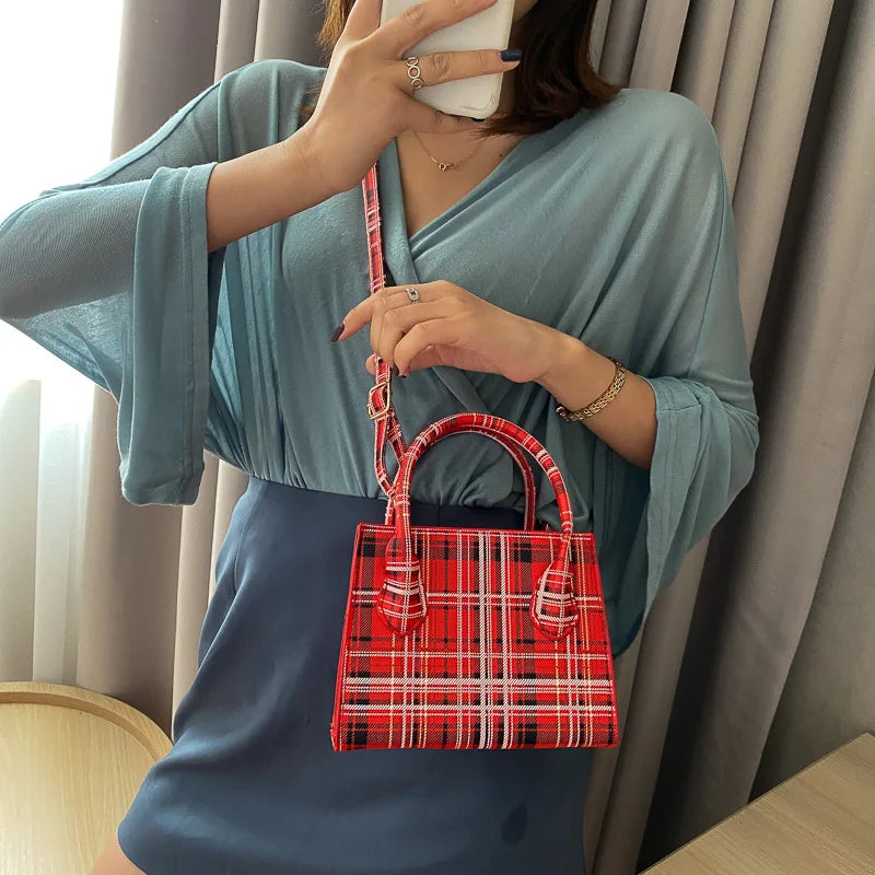 Plaid Tote Bag Women PU Leather Handbag Shoulder Crossbody Travel Purse