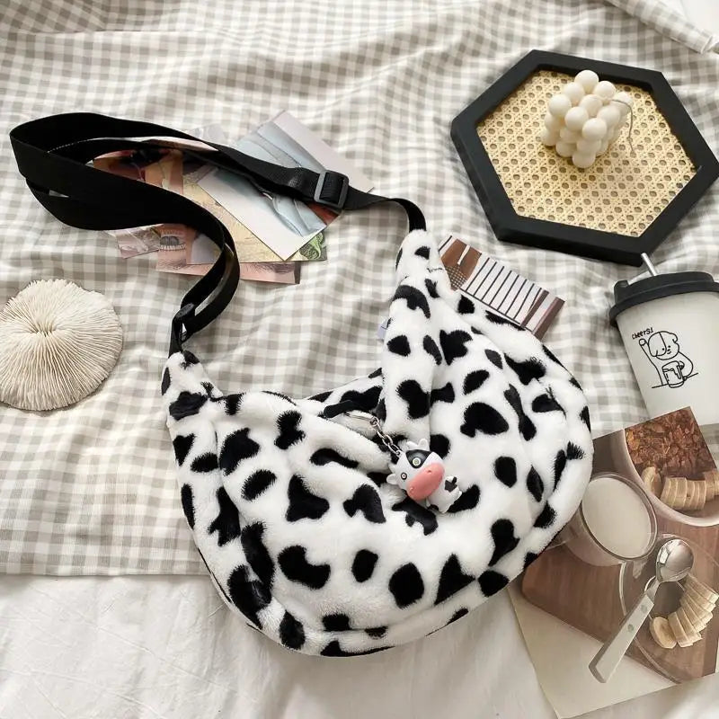 Cows Pattern Plush Tote Bag Large Capacity Shoulder Crossbody Bags