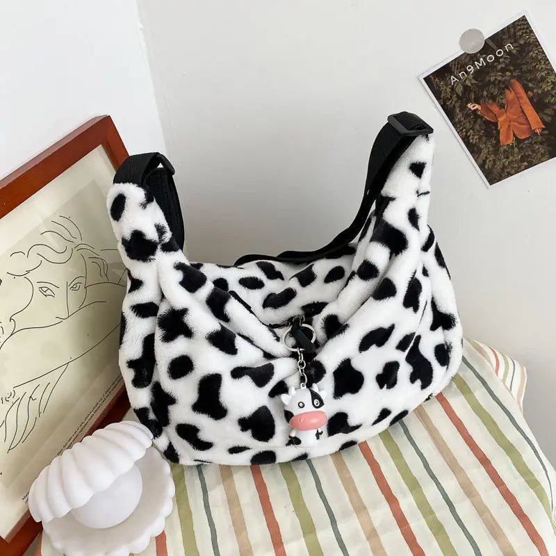 Cows Pattern Plush Tote Bag Large Capacity Shoulder Crossbody Bags