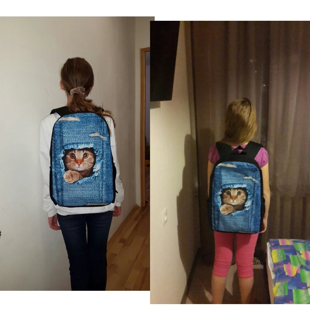Denim Cat Printed School Bag for Teenagers
