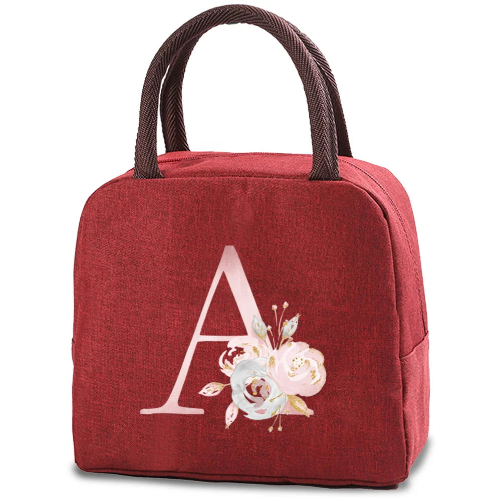 Insulated Bento Lunch Box Thermal Bag Food Storage Bags Pink Flower Letter Print