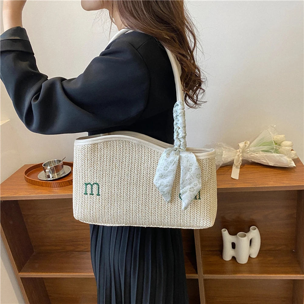 Straw Shoulder Bag with Scarf Beach Summer Handbags