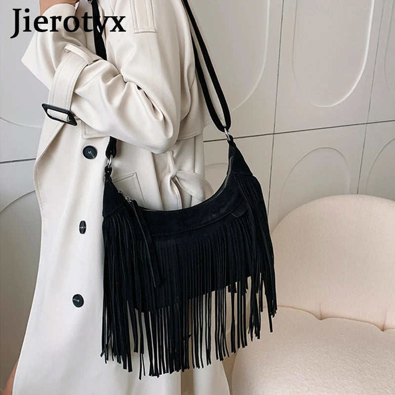 Vintage Tassel Fringe Trim Crossbody Bag Women Shoulder Messenger Purse