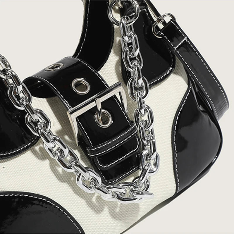 Canvas Splicing Shoulder Bag Girls Crossbody Chain Bag