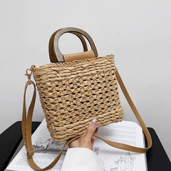 Straw Bags Tote Bag Drawstring Closure Wooden Handle Beach Shoulder Bag