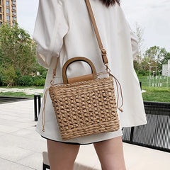 Straw Bags Tote Bag Drawstring Closure Wooden Handle Beach Shoulder Bag
