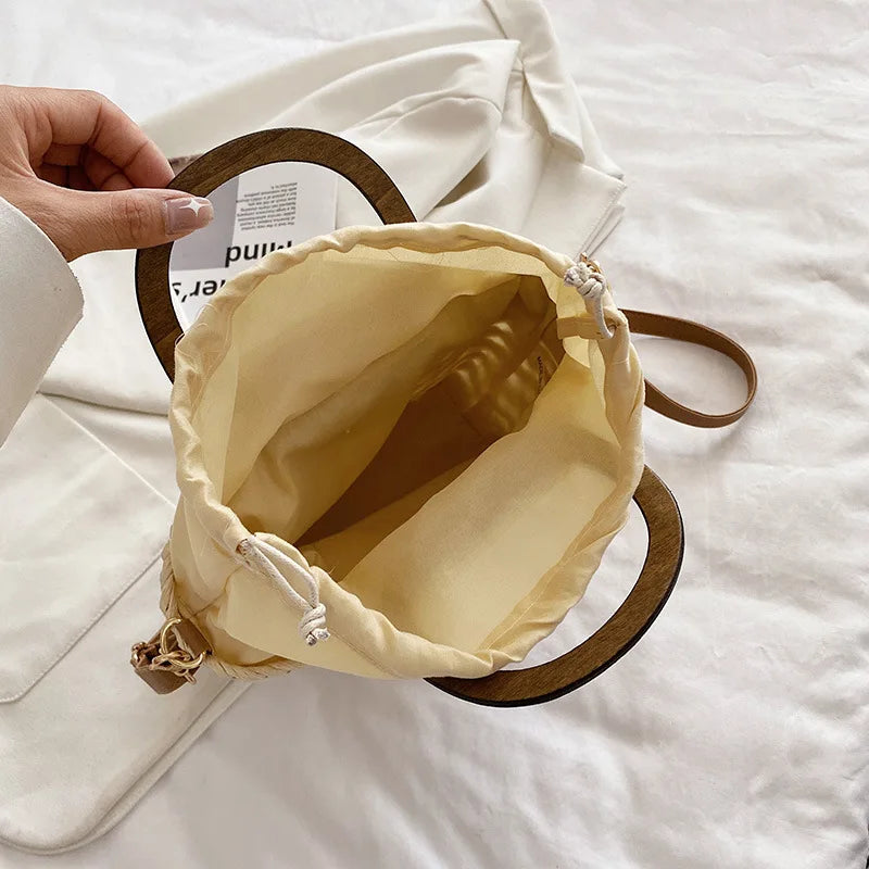 Straw Bags Tote Bag Drawstring Closure Wooden Handle Beach Shoulder Bag