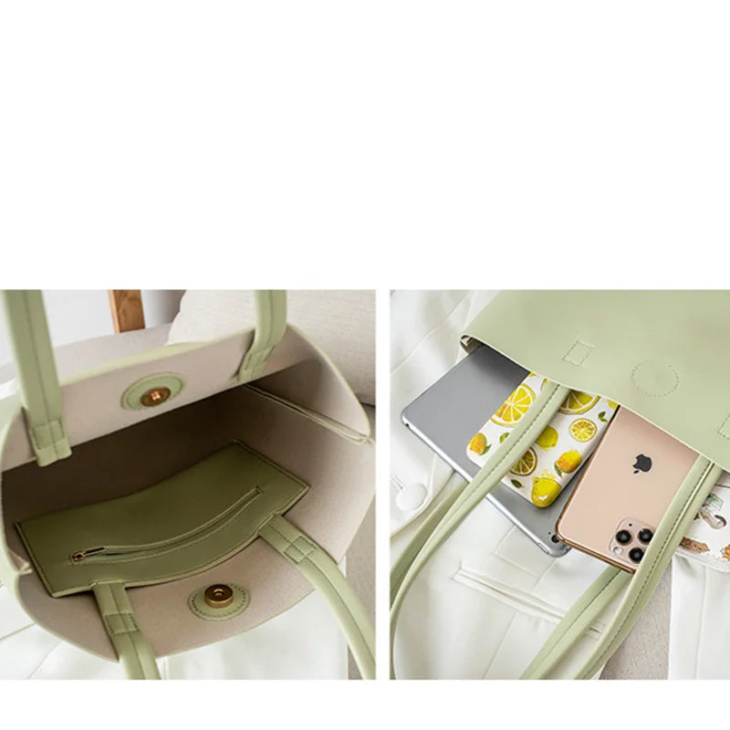Small Leather Casual Tote Bag Green Pink