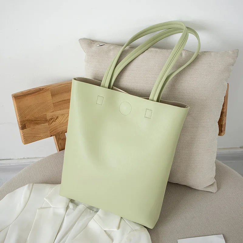 Small Leather Casual Tote Bag Green Pink