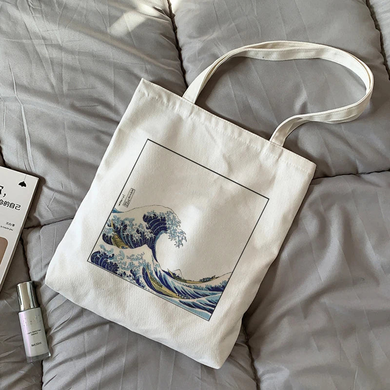 Japan Wave Print Shopper Bag Canvas Ulzzang Zipper Women Shoulder Bags