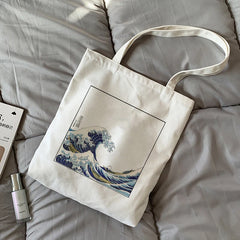 Japan Wave Print Shopper Bag Canvas Ulzzang Zipper Women Shoulder Bags