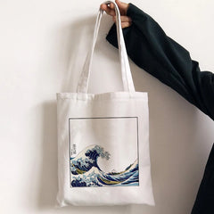 Japan Wave Print Shopper Bag Canvas Ulzzang Zipper Women Shoulder Bags
