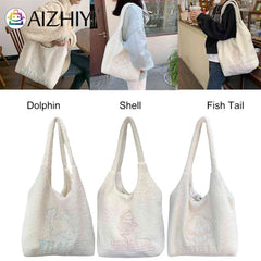 Japanese Embroidered Shoulder Clutch Soft Fleece Bag Women Large Capacity