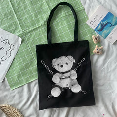 Japanese Gothic Bear Canvas Bag Dark Punk Hip-Hop Shopper Handbag