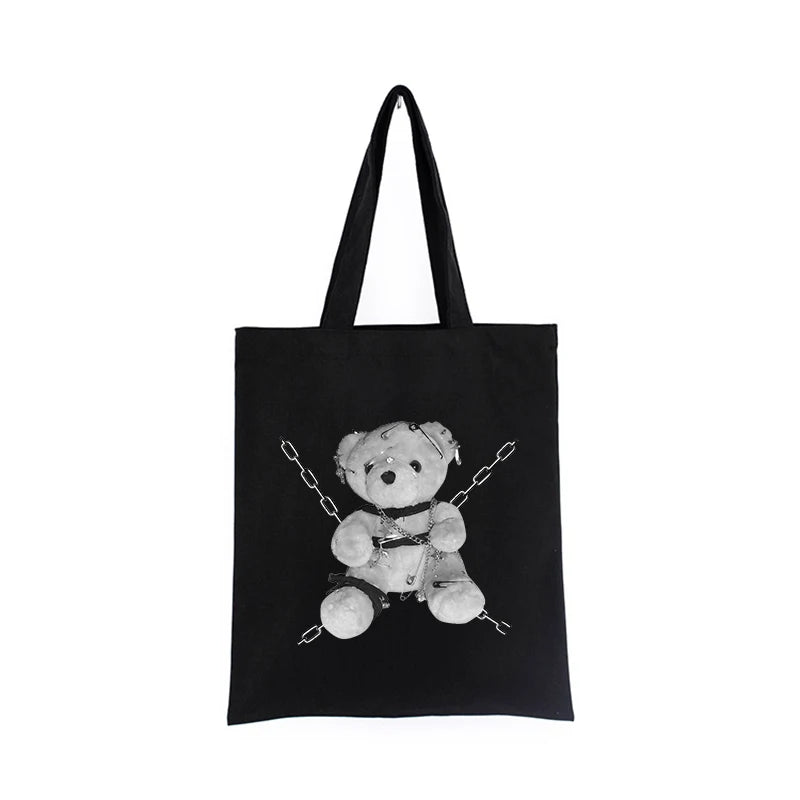 Japanese Gothic Bear Canvas Bag Dark Punk Hip-Hop Shopper Handbag