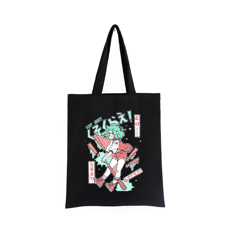 Japanese Gothic Bear Canvas Bag Dark Punk Hip-Hop Shopper Handbag
