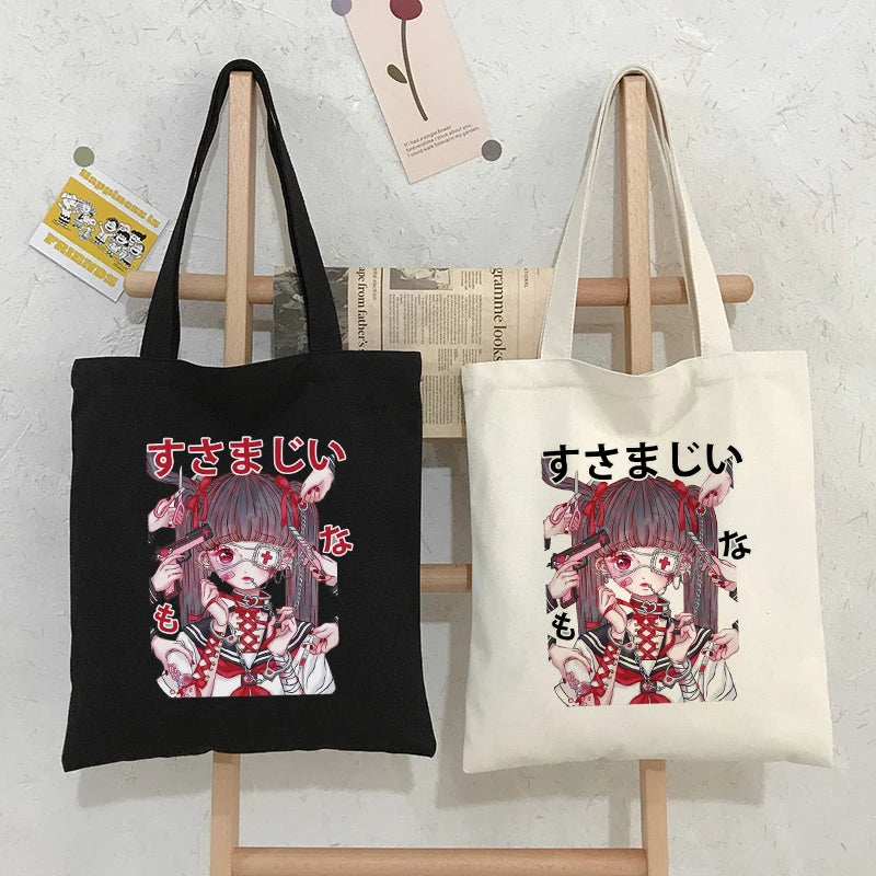 Japanese Gothic Bear Canvas Bag Dark Punk Hip-Hop Shopper Handbag