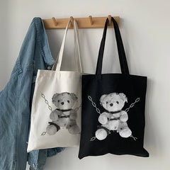 Japanese Gothic Bear Canvas Bag Dark Punk Hip-Hop Shopper Handbag
