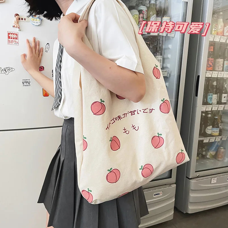 Japanese Peach Print Tote Bag Canvas Handbag