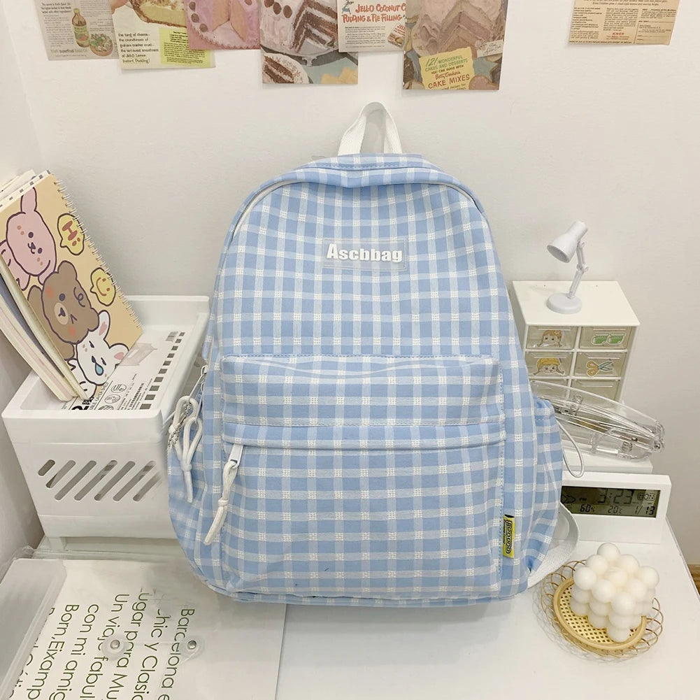 Japanese Plaid Backpack Large Capacity Students Schoolbag Campus Stripe Style