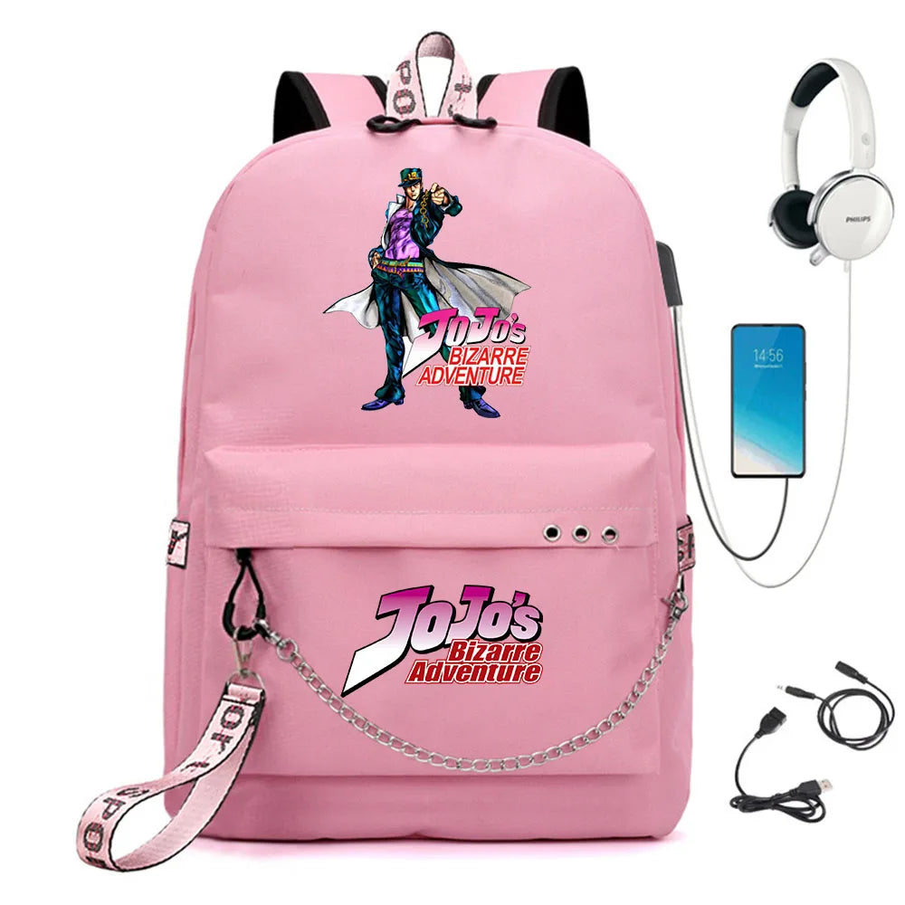 JoJo's Bizarre Adventure Nylon Backpack USB Schoolbag Cartoon Student Laptop Bag