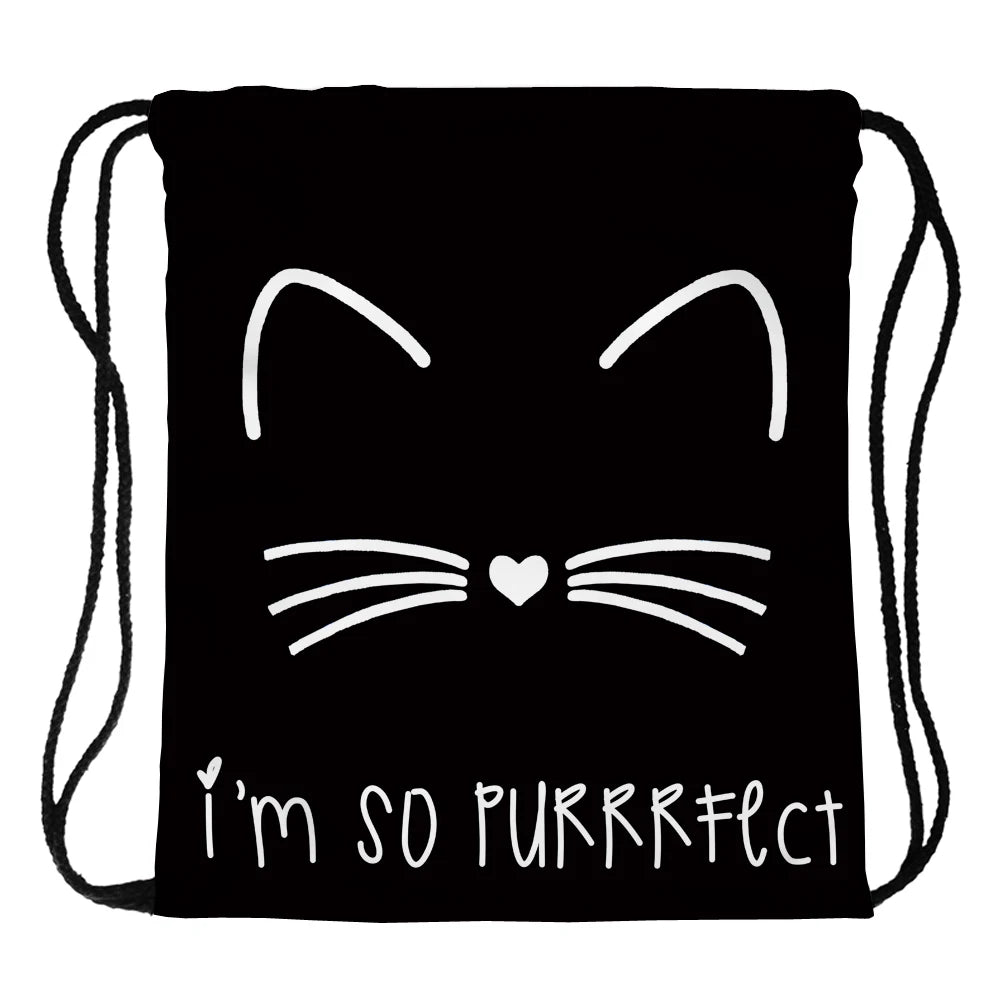 Cat Printing Drawstring Bag Sports Waterproof Backpack Bundle Pocket