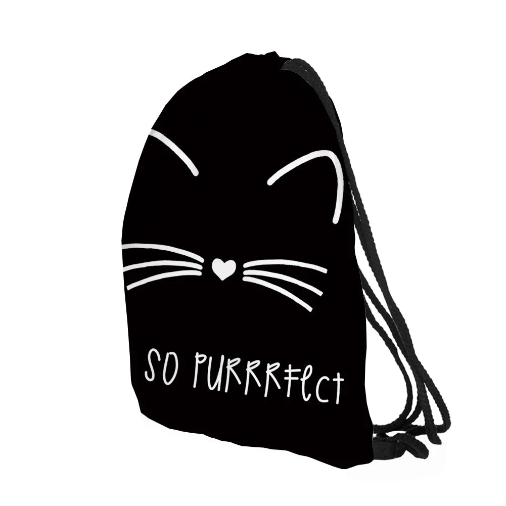 Cat Printing Drawstring Bag Sports Waterproof Backpack Bundle Pocket