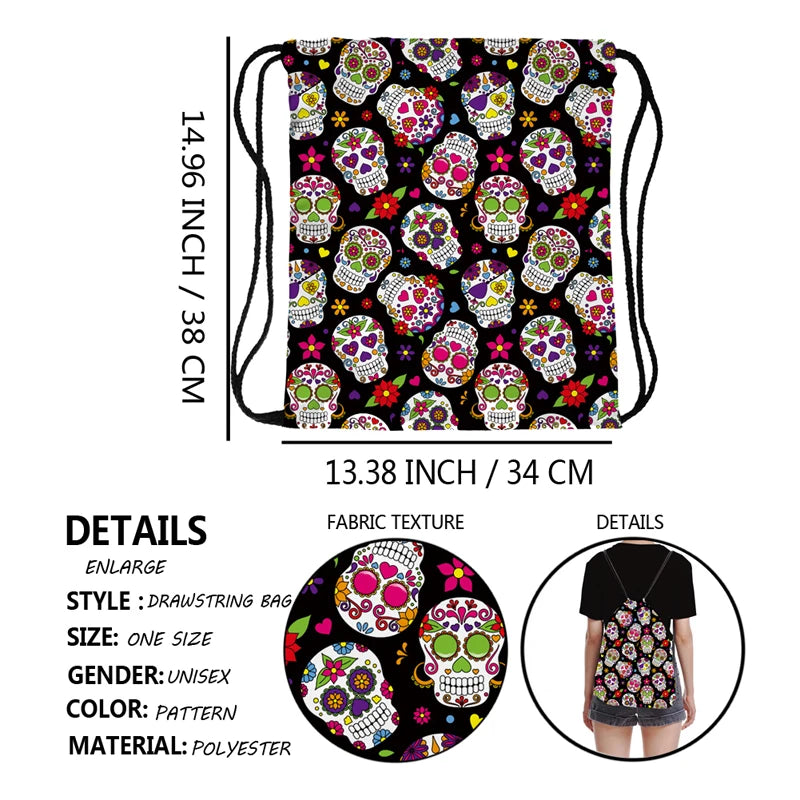 Skull Print Drawstring Bag Sports Waterproof Backpack Bundle Pocket