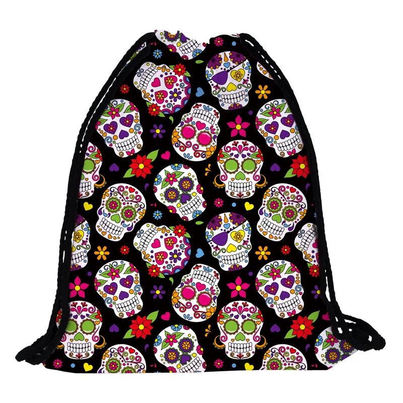 Skull Print Drawstring Bag Sports Waterproof Backpack Bundle Pocket