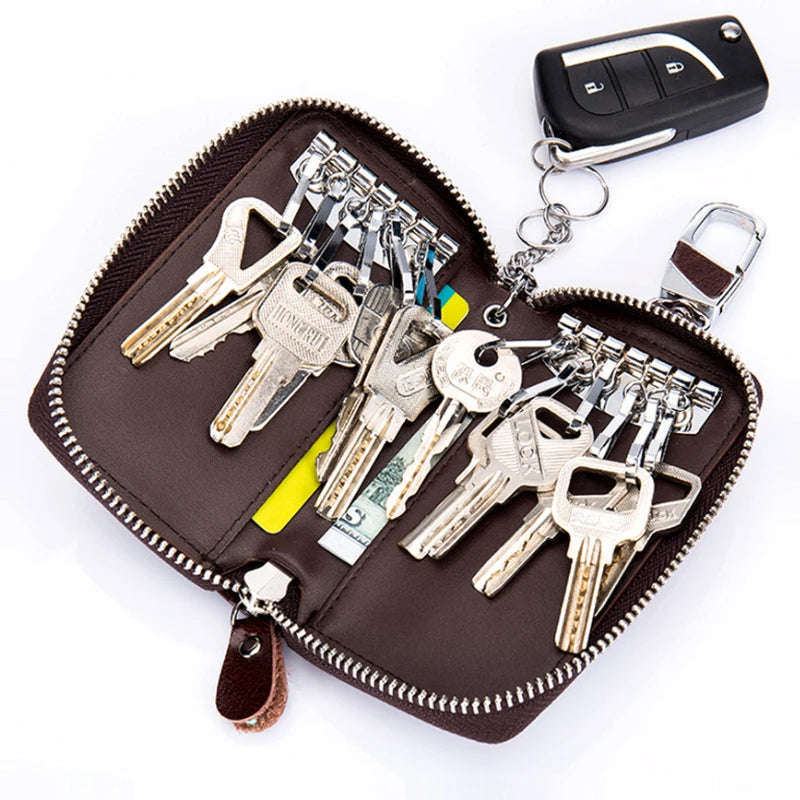 Key Bag Multi-functional Zipper Leather Solid Men Women Household Key Bags