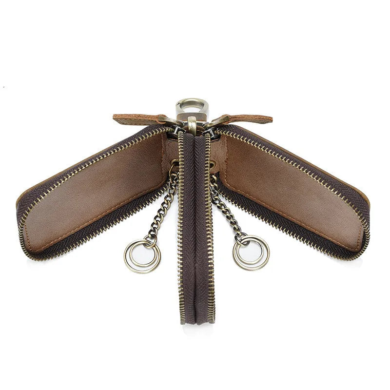 Leather Car Key Case Double Zipper Universal Keychain Home Key Case