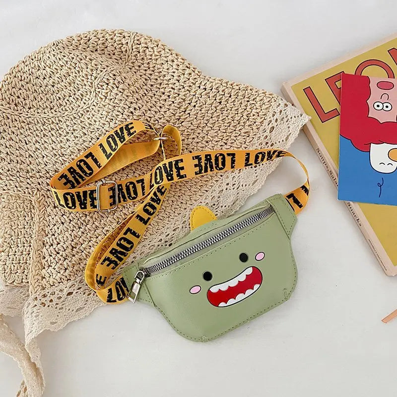 Kid PU Leather Chest Bag with Cartoon Print Adjustable Strap